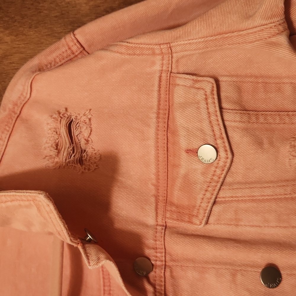 Fringed Pink Distressed Denim Jacket Size Medium New Without Tags - Picture 3 of 5